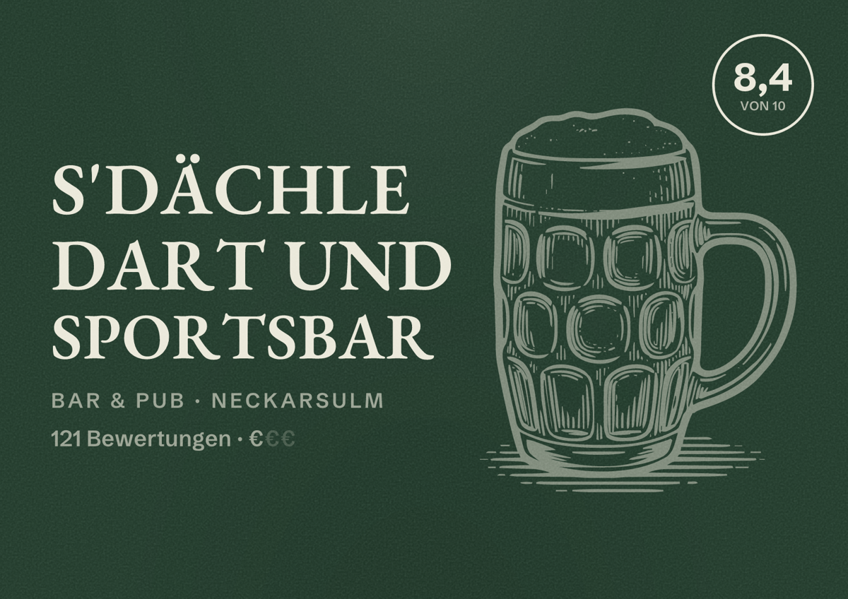 Illustriertes Poster von s'Dächle Dart und Sportsbar, Bar & Pub in Neckarsulm: Bewertung 8,4 von 10 aus 121 Bewertungen, Preisniveau €