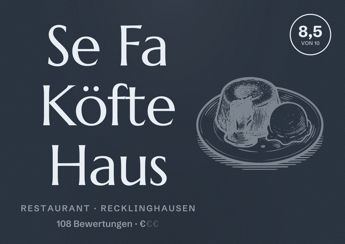 Illustriertes Poster von Se Fa Köfte Haus, Restaurant in Recklinghausen: Bewertung 8,5 von 10 aus 108 Bewertungen, Preisniveau €