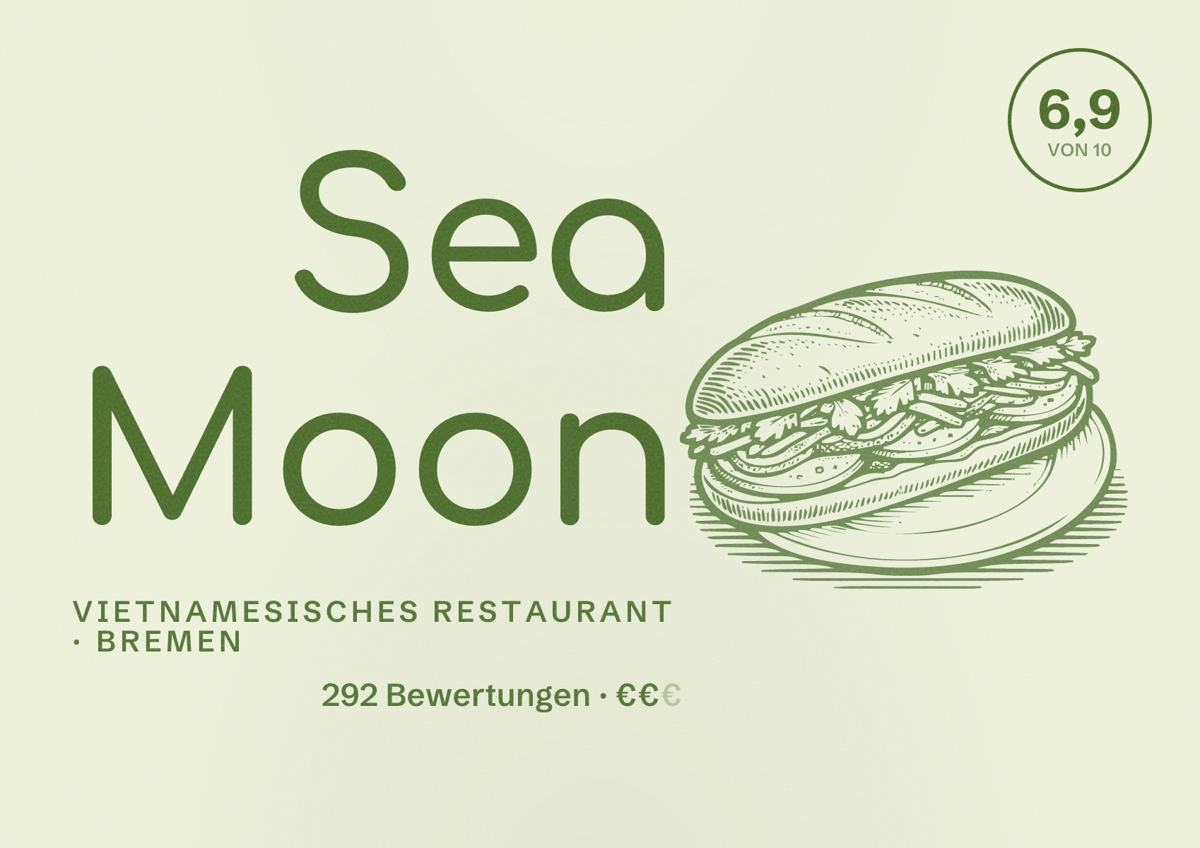 Illustriertes Poster von Sea Moon, Vietnamesisches Restaurant in Bremen: Bewertung 6,9 von 10 aus 292 Bewertungen, Preisniveau €€
