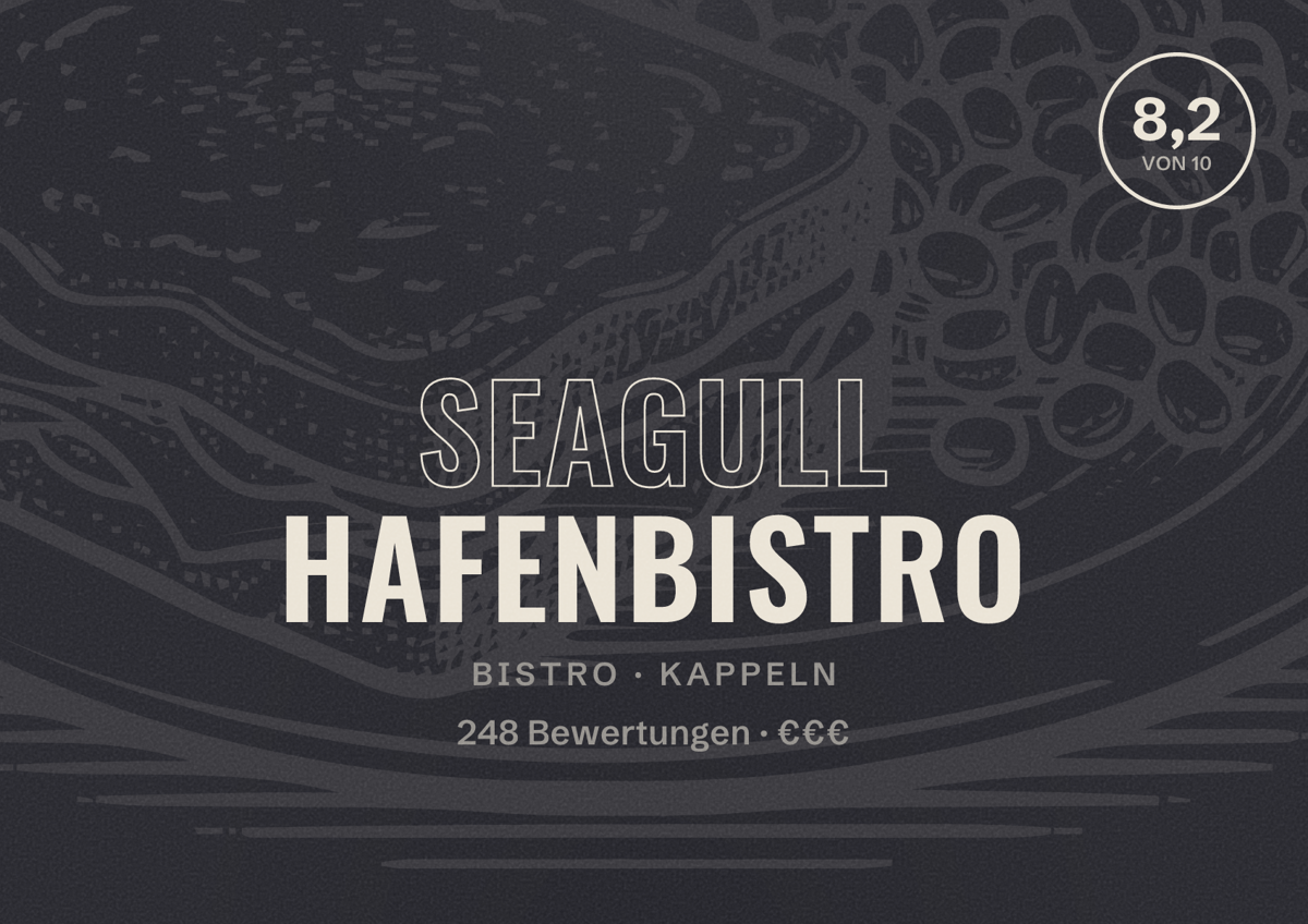 Illustriertes Poster von Seagull Hafenbistro, Bistro in Kappeln: Bewertung 8,2 von 10 aus 248 Bewertungen, Preisniveau €€€