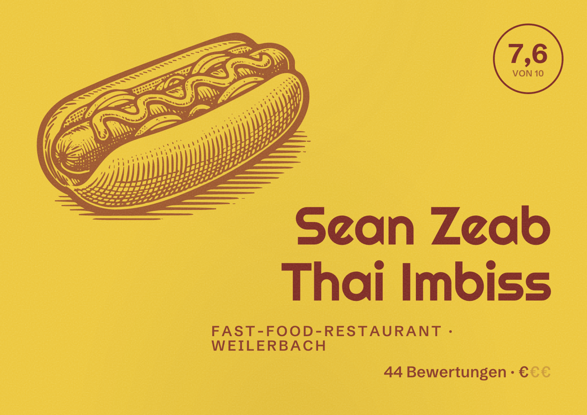 Illustriertes Poster von Sean Zeab Thai Imbiss, Fast-Food-Restaurant in Weilerbach: Bewertung 7,6 von 10 aus 44 Bewertungen, Preisniveau €