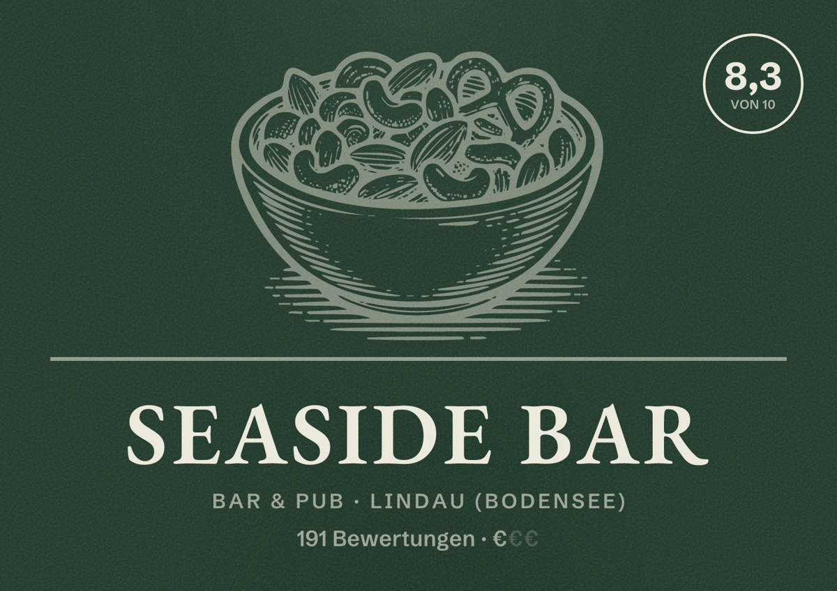 Illustriertes Poster von Seaside Bar, Bar & Pub in Lindau (Bodensee): Bewertung 8,3 von 10 aus 191 Bewertungen, Preisniveau €