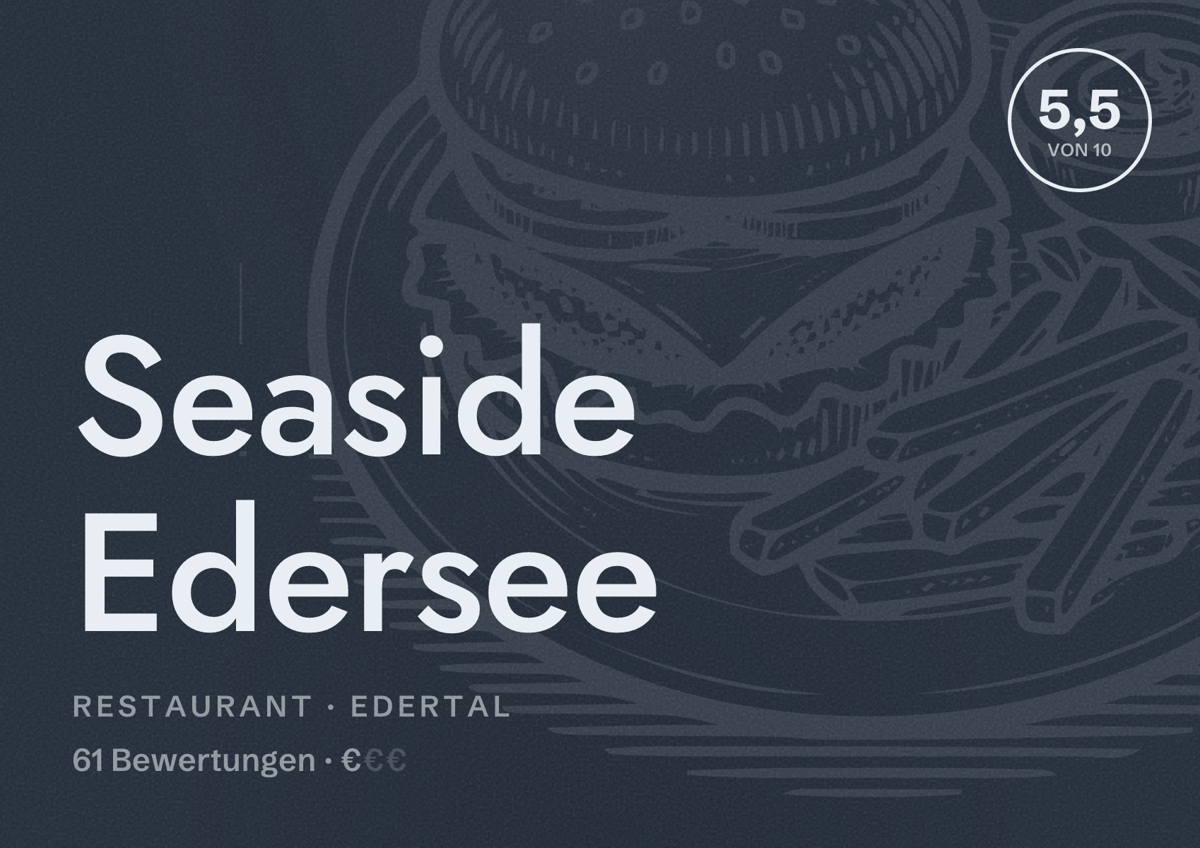 Illustriertes Poster von Seaside Edersee, Restaurant in Edertal: Bewertung 5,5 von 10 aus 61 Bewertungen, Preisniveau €