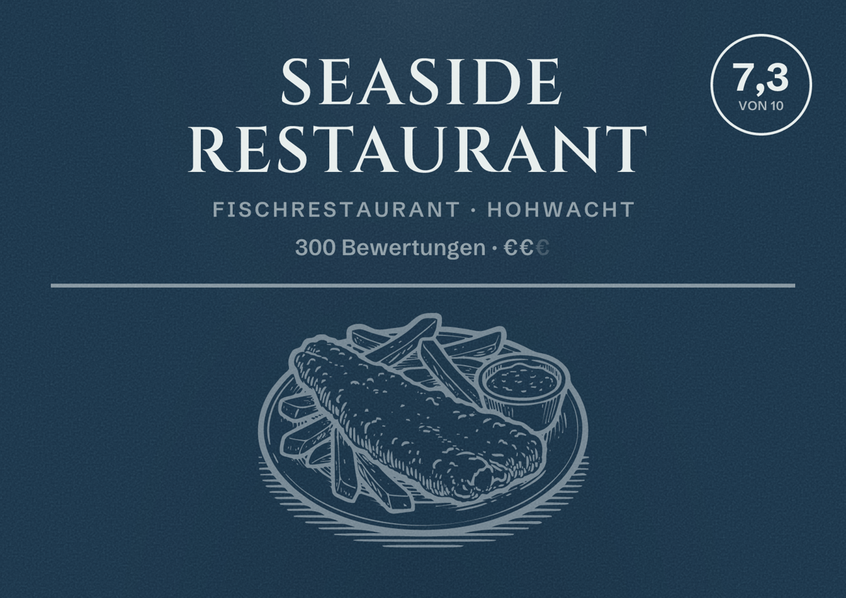 Illustriertes Poster von Seaside Restaurant, Fischrestaurant in Hohwacht: Bewertung 7,3 von 10 aus 300 Bewertungen, Preisniveau €€