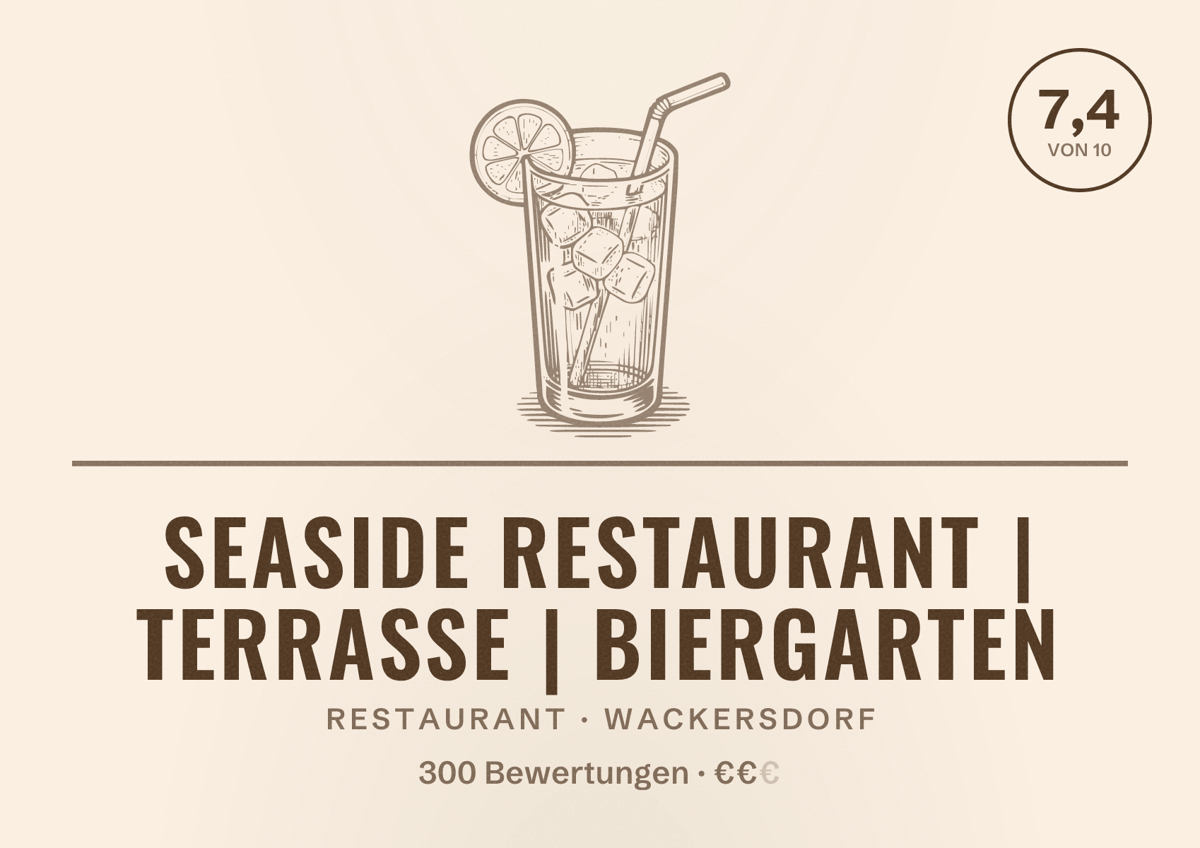 Illustriertes Poster von SEASIDE Restaurant | Terrasse | Biergarten, Restaurant in Wackersdorf: Bewertung 7,4 von 10 aus 300 Bewertungen, Preisniveau €€