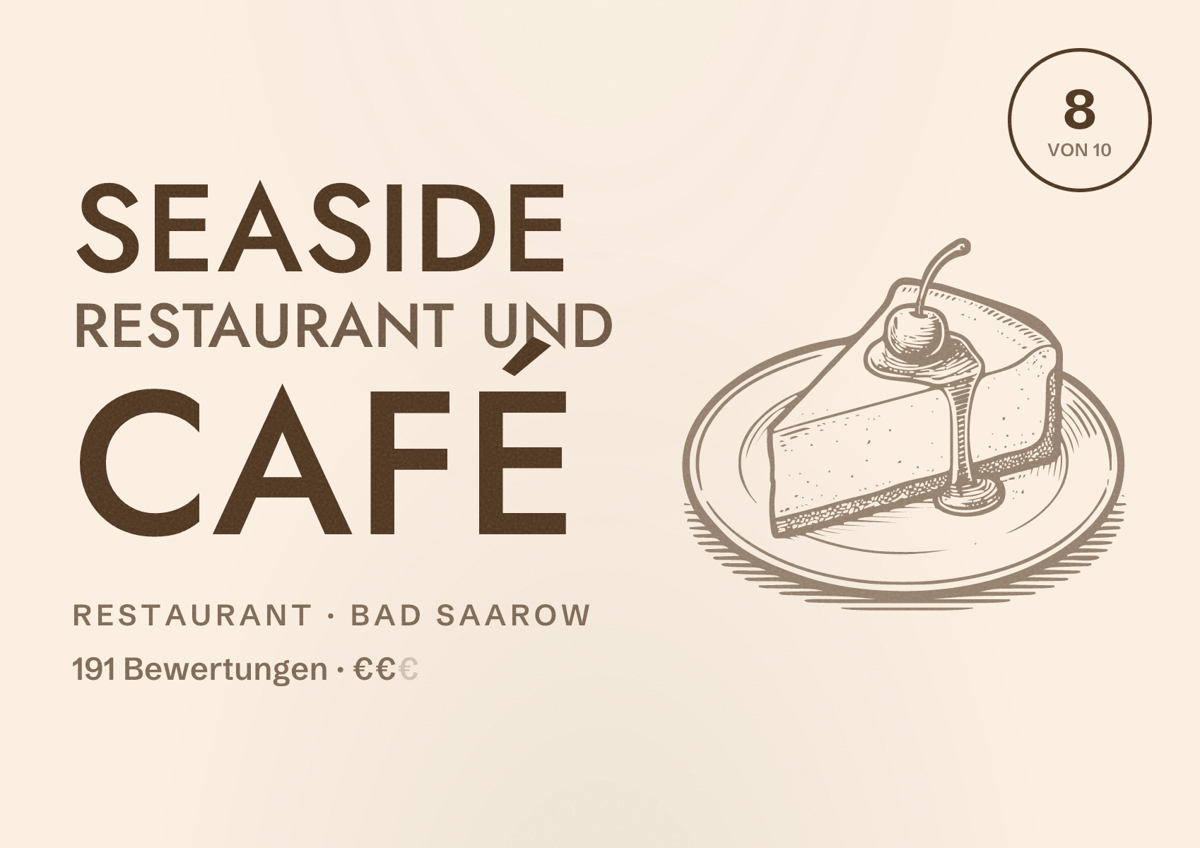 Illustriertes Poster von SeaSide Restaurant und Café, Restaurant in Bad Saarow: Bewertung 8 von 10 aus 191 Bewertungen, Preisniveau €€