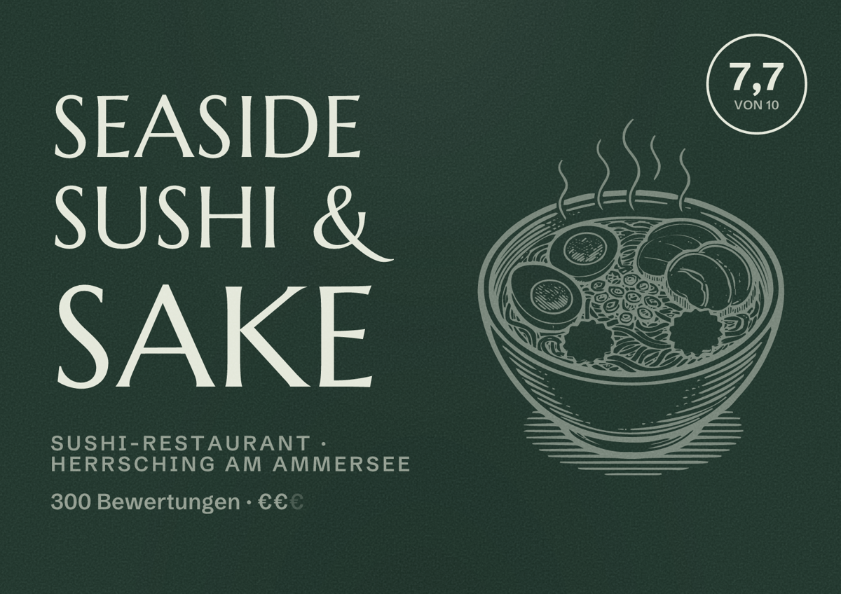 Illustriertes Poster von seaside sushi & sake, Sushi-Restaurant in Herrsching am Ammersee: Bewertung 7,7 von 10 aus 300 Bewertungen, Preisniveau €€