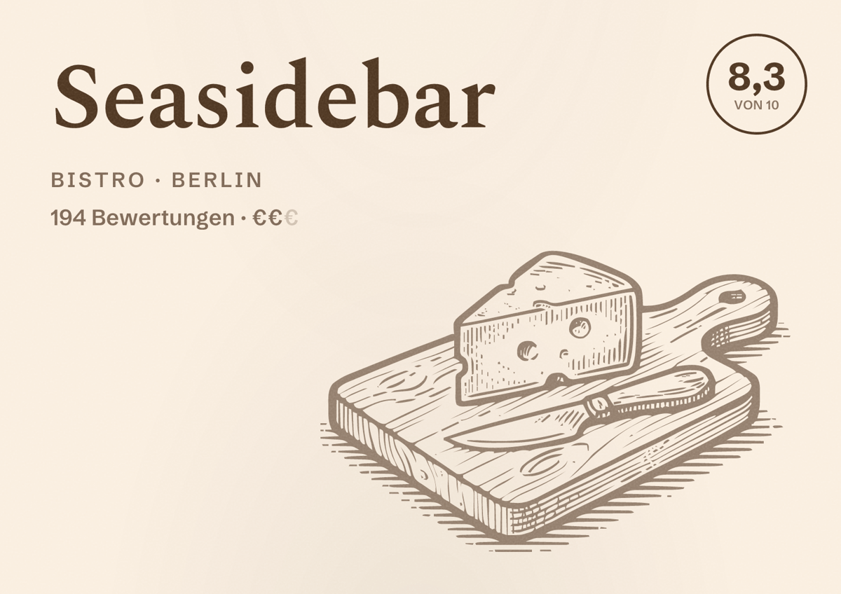 Illustriertes Poster von Seasidebar, Bistro in Berlin: Bewertung 8,3 von 10 aus 194 Bewertungen, Preisniveau €€