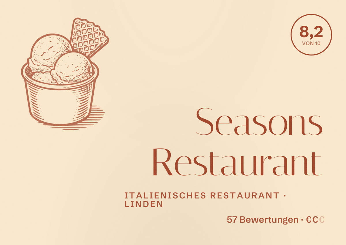 Illustriertes Poster von Seasons Restaurant, Italienisches Restaurant in Linden: Bewertung 8,2 von 10 aus 57 Bewertungen, Preisniveau €€
