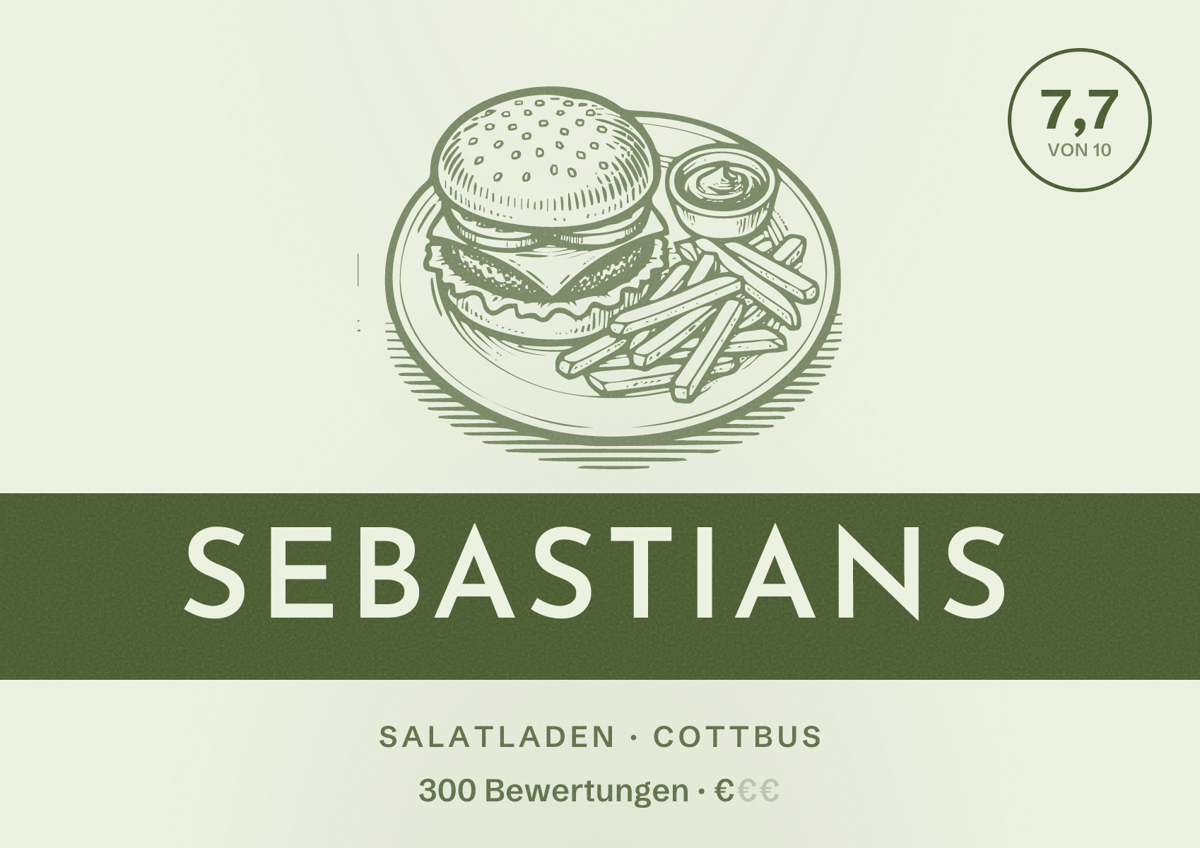 Illustriertes Poster von Sebastians, Salatladen in Cottbus: Bewertung 7,7 von 10 aus 300 Bewertungen, Preisniveau €