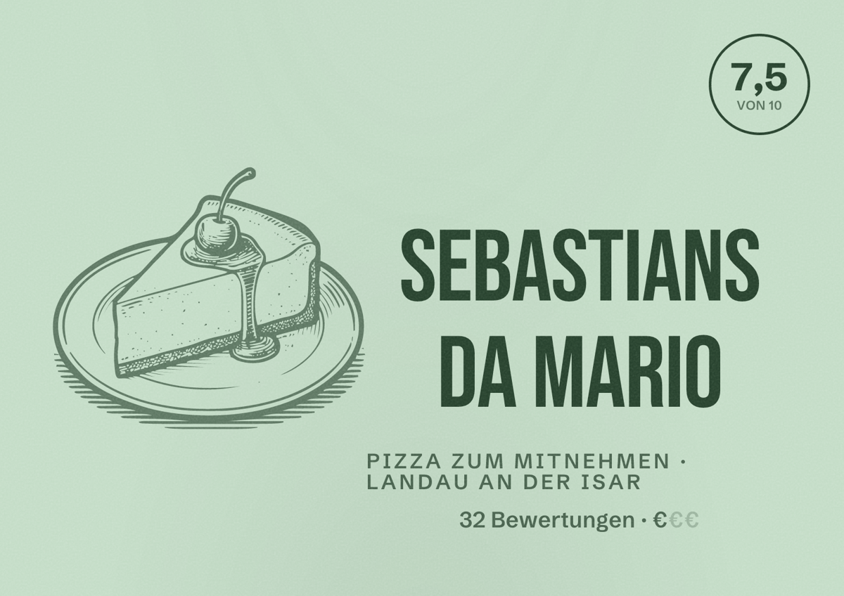 Illustriertes Poster von Sebastians da Mario, Pizza zum Mitnehmen in Landau an der Isar: Bewertung 7,5 von 10 aus 32 Bewertungen, Preisniveau €