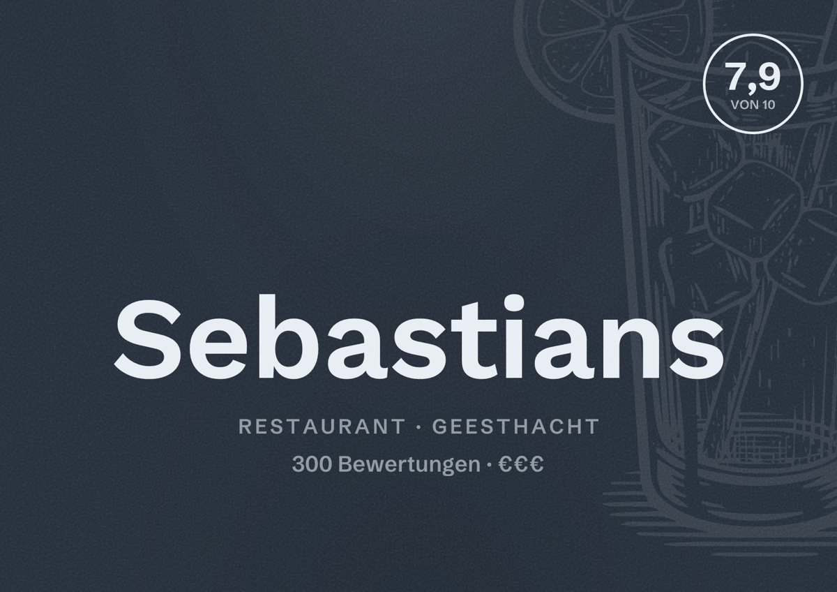 Illustriertes Poster von Sebastians, Restaurant in Geesthacht: Bewertung 7,9 von 10 aus 300 Bewertungen, Preisniveau €€€