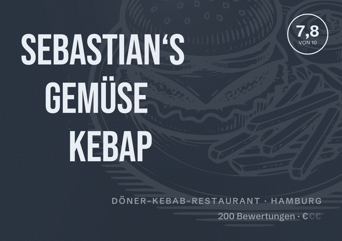 Illustriertes Poster von Sebastian‘s Gemüse Kebap, Döner-Kebab-Restaurant in Hamburg: Bewertung 7,8 von 10 aus 200 Bewertungen, Preisniveau €