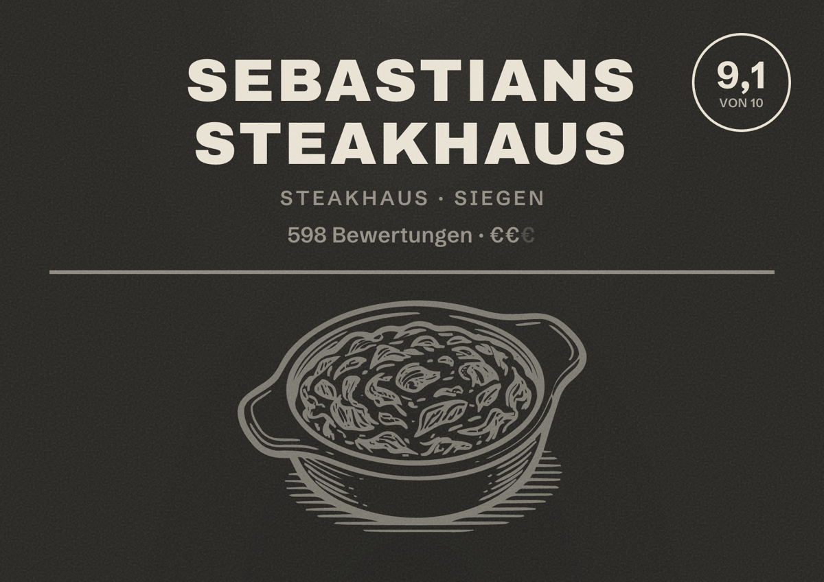 Illustriertes Poster von Sebastians Steakhaus, Steakhaus in Siegen: Bewertung 9,1 von 10 aus 598 Bewertungen, Preisniveau €€