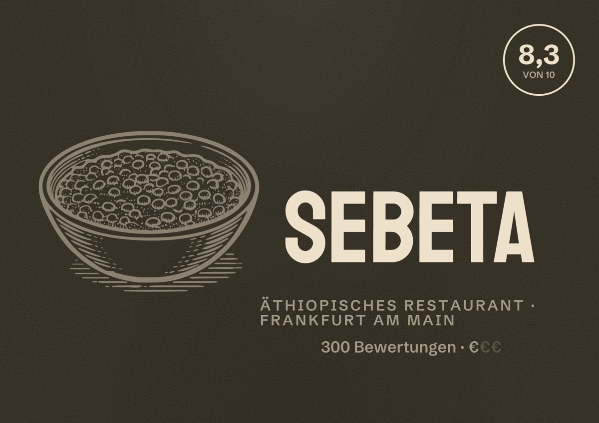 Illustriertes Poster von Sebeta, Äthiopisches Restaurant in Frankfurt am Main: Bewertung 8,3 von 10 aus 300 Bewertungen, Preisniveau €
