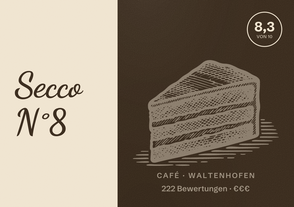 Illustriertes Poster von Secco N°8, Café in Waltenhofen: Bewertung 8,3 von 10 aus 222 Bewertungen, Preisniveau €€€