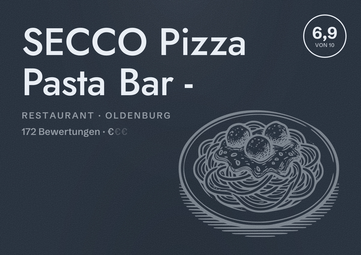 Illustriertes Poster von SECCO Pizza Pasta Bar -, Restaurant in Oldenburg: Bewertung 6,9 von 10 aus 172 Bewertungen, Preisniveau €
