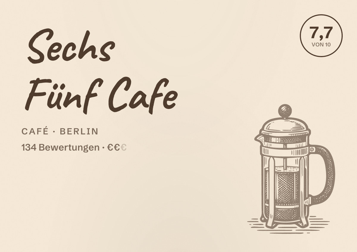 Illustriertes Poster von Sechs Fünf Cafe, Café in Berlin: Bewertung 7,7 von 10 aus 134 Bewertungen, Preisniveau €€