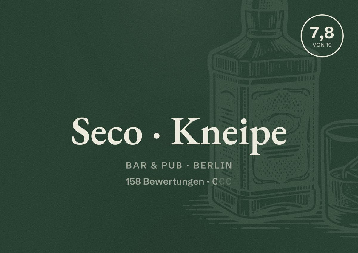 Illustriertes Poster von Seco Kneipe, Bar & Pub in Berlin: Bewertung 7,8 von 10 aus 158 Bewertungen, Preisniveau €