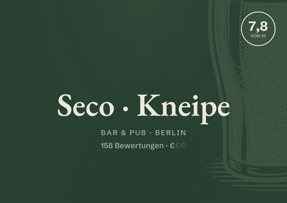 Illustriertes Poster von Seco Kneipe, Bar & Pub in Berlin: Bewertung 7,8 von 10 aus 158 Bewertungen, Preisniveau €