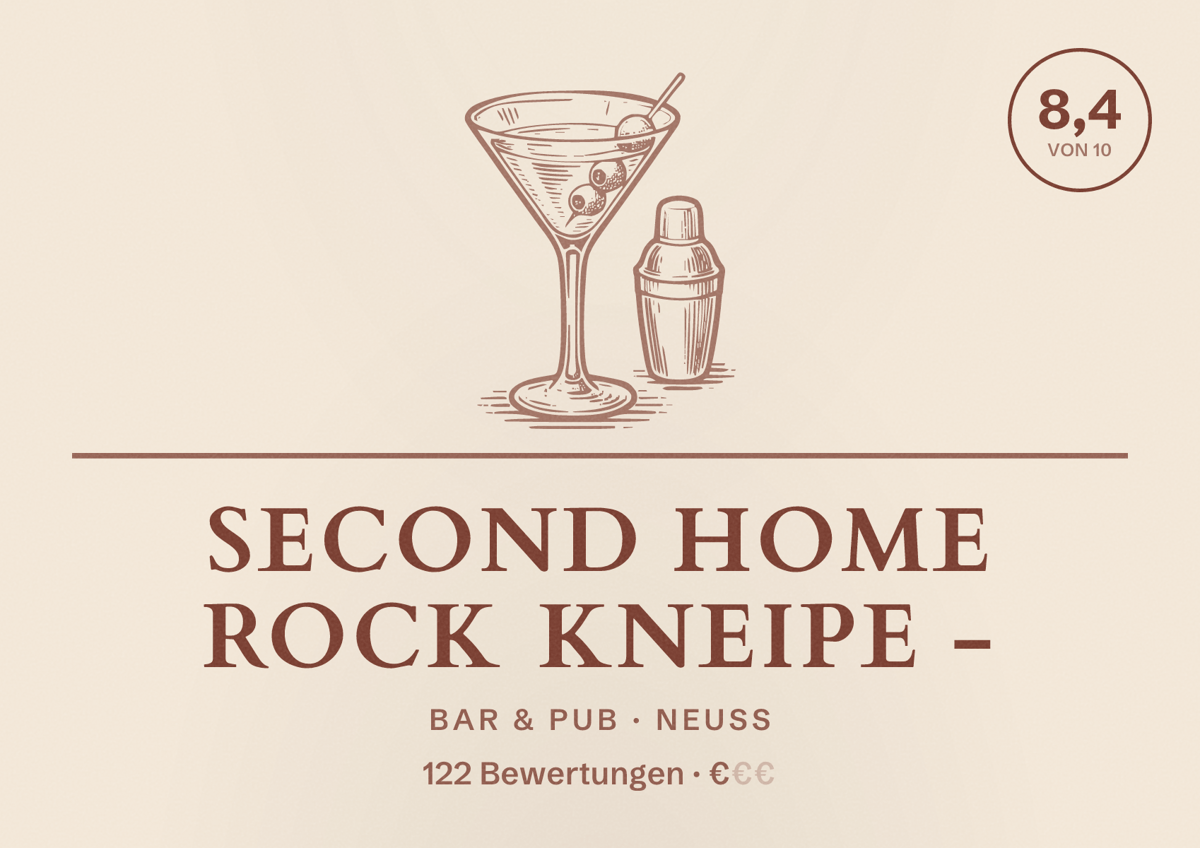 Illustriertes Poster von Second Home Rock Kneipe -, Bar & Pub in Neuss: Bewertung 8,4 von 10 aus 122 Bewertungen, Preisniveau €