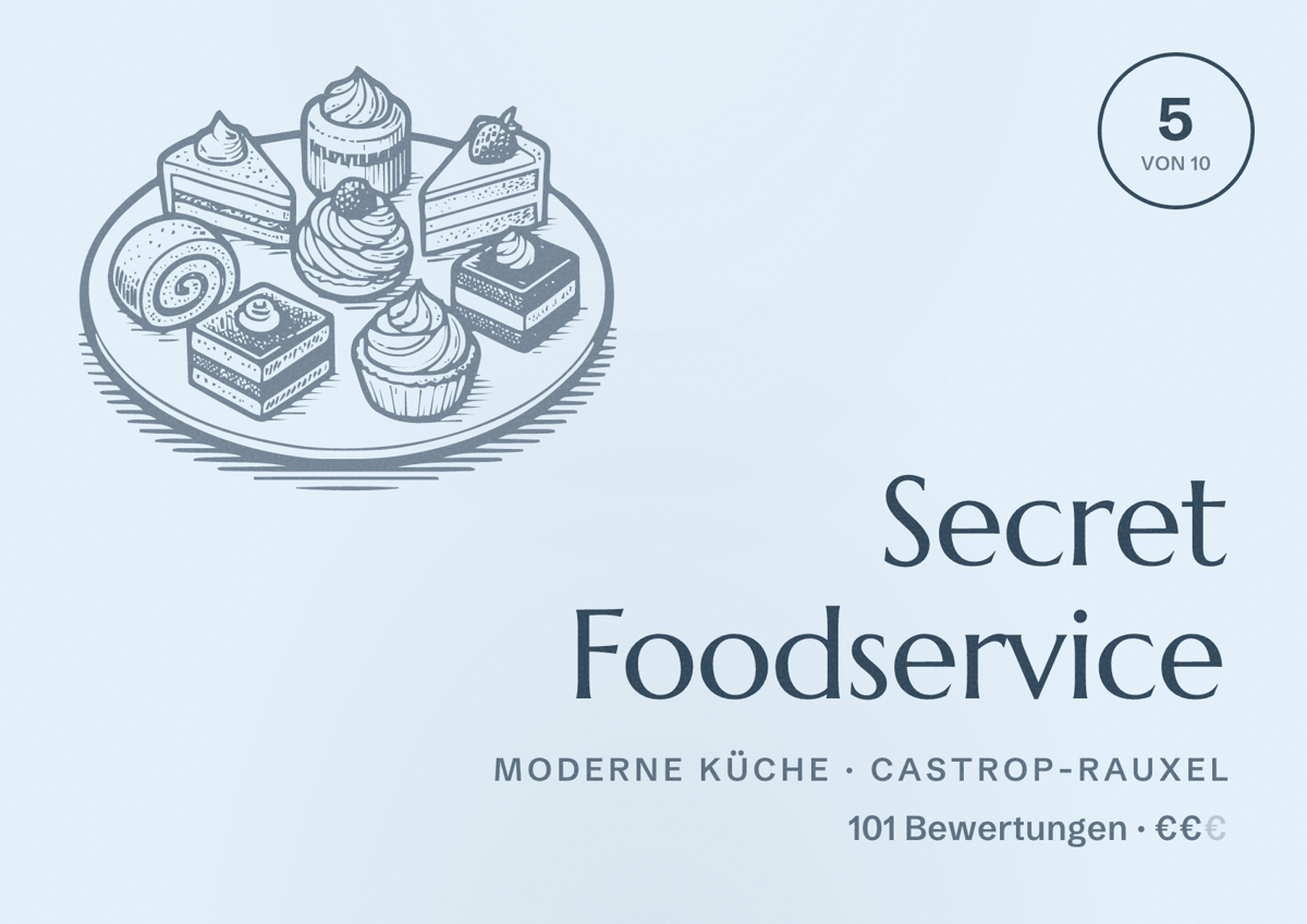 Illustriertes Poster von Secret Foodservice, Moderne Küche in Castrop-Rauxel: Bewertung 5 von 10 aus 101 Bewertungen, Preisniveau €€