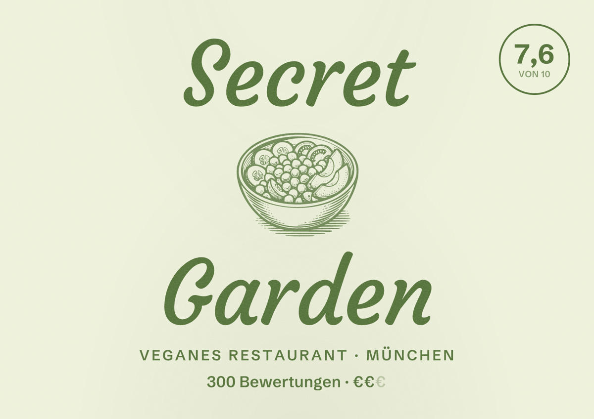 Illustriertes Poster von Secret Garden, Veganes Restaurant in München: Bewertung 7,6 von 10 aus 300 Bewertungen, Preisniveau €€