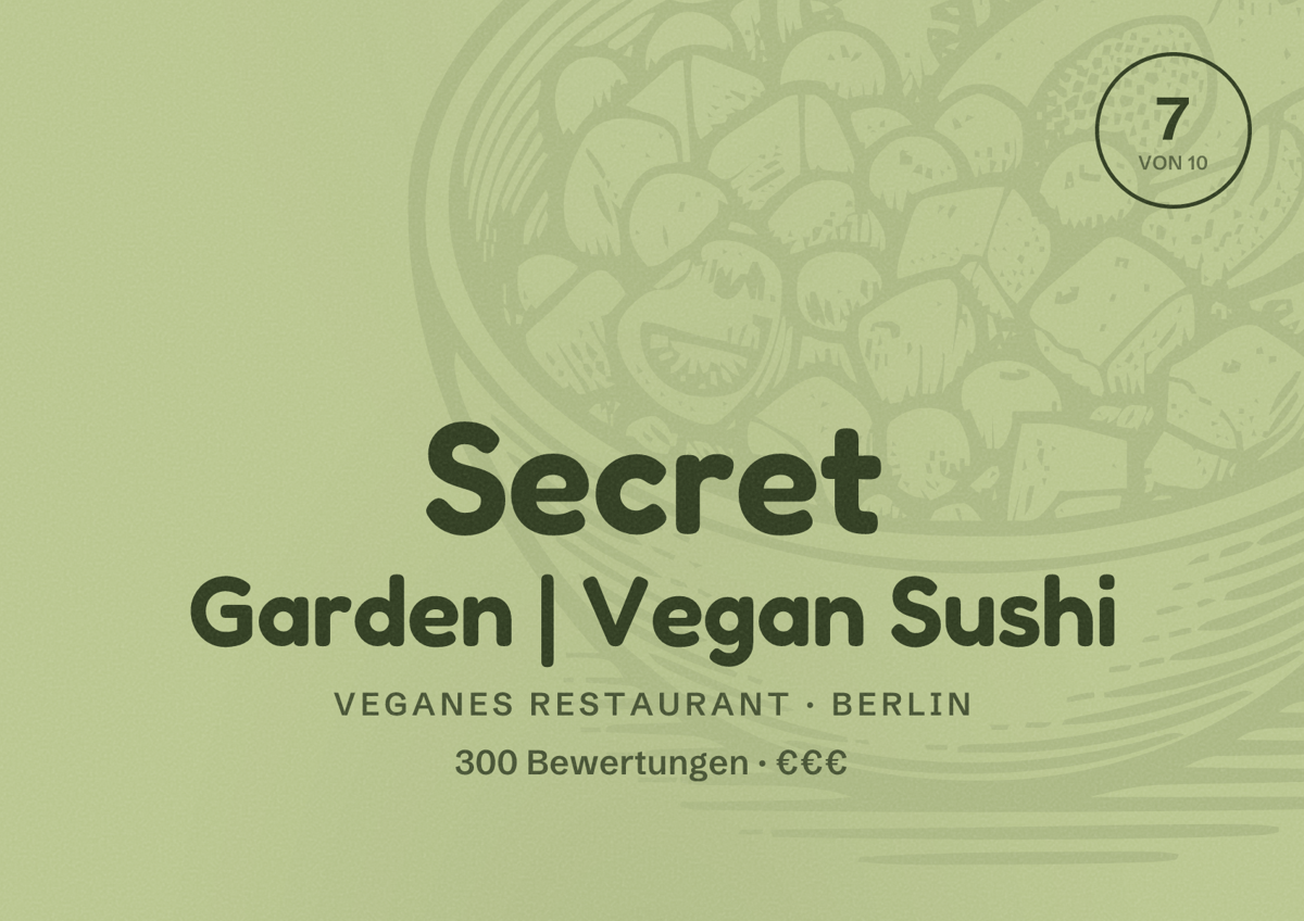 Illustriertes Poster von Secret Garden | Vegan Sushi, Veganes Restaurant in Berlin: Bewertung 7,0 von 10 aus 300 Bewertungen, Preisniveau €€€