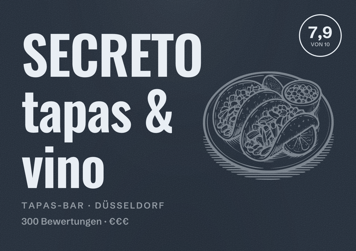 Illustriertes Poster von SECRETO tapas & vino, Tapas-Bar in Düsseldorf: Bewertung 7,9 von 10 aus 300 Bewertungen, Preisniveau €€€
