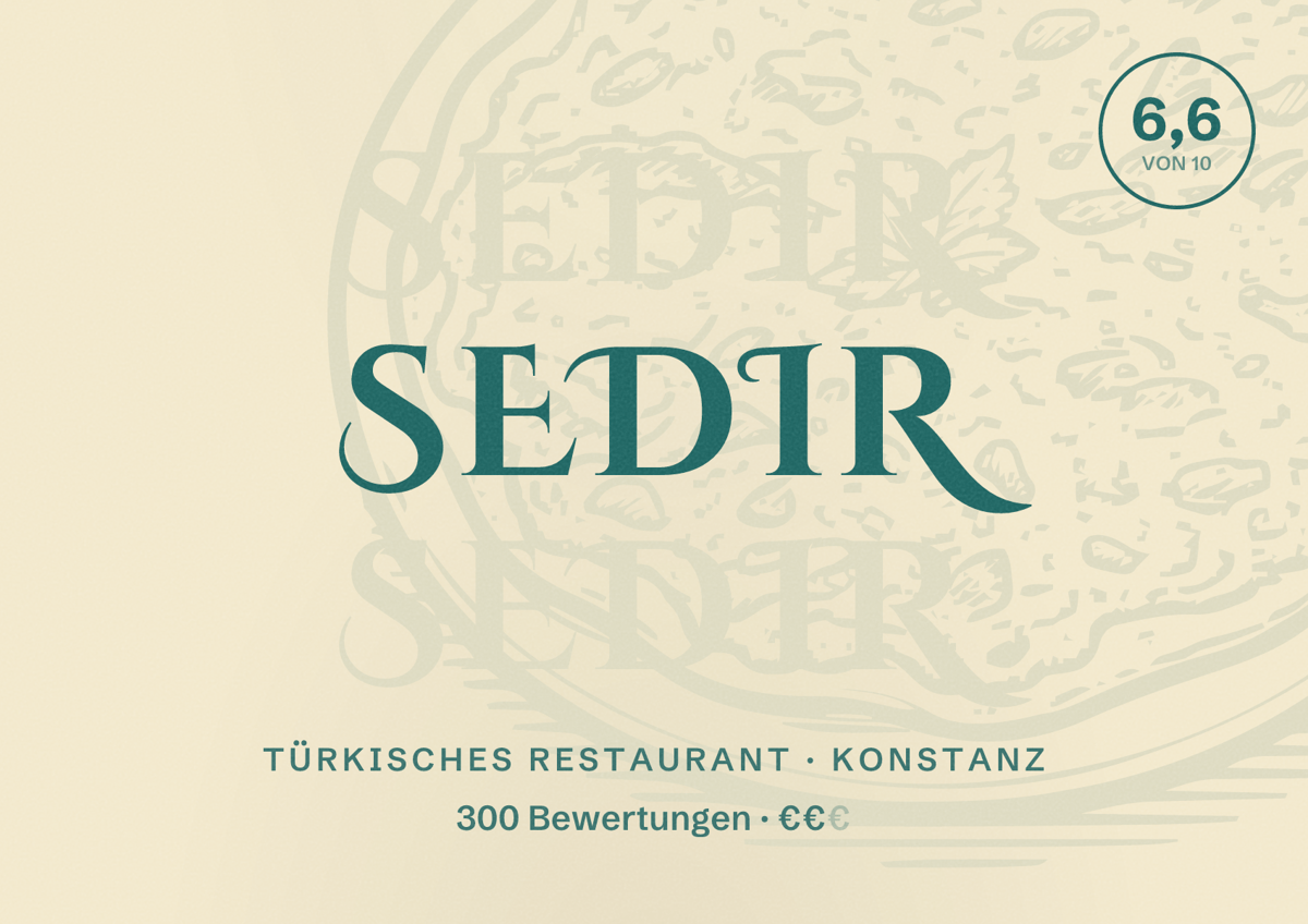 Illustriertes Poster von Sedir, Türkisches Restaurant in Konstanz: Bewertung 6,6 von 10 aus 300 Bewertungen, Preisniveau €€
