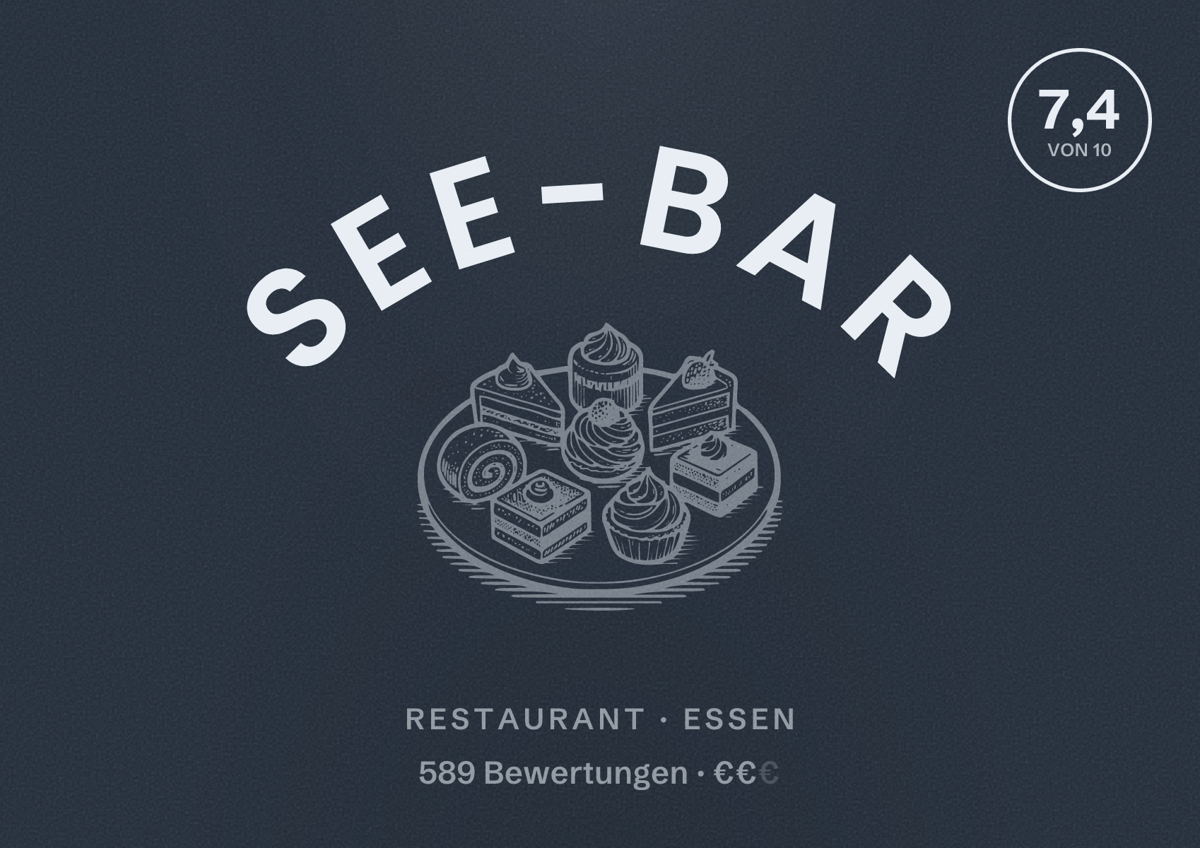 Illustriertes Poster von See-Bar, Restaurant in Essen: Bewertung 7,4 von 10 aus 589 Bewertungen, Preisniveau €€