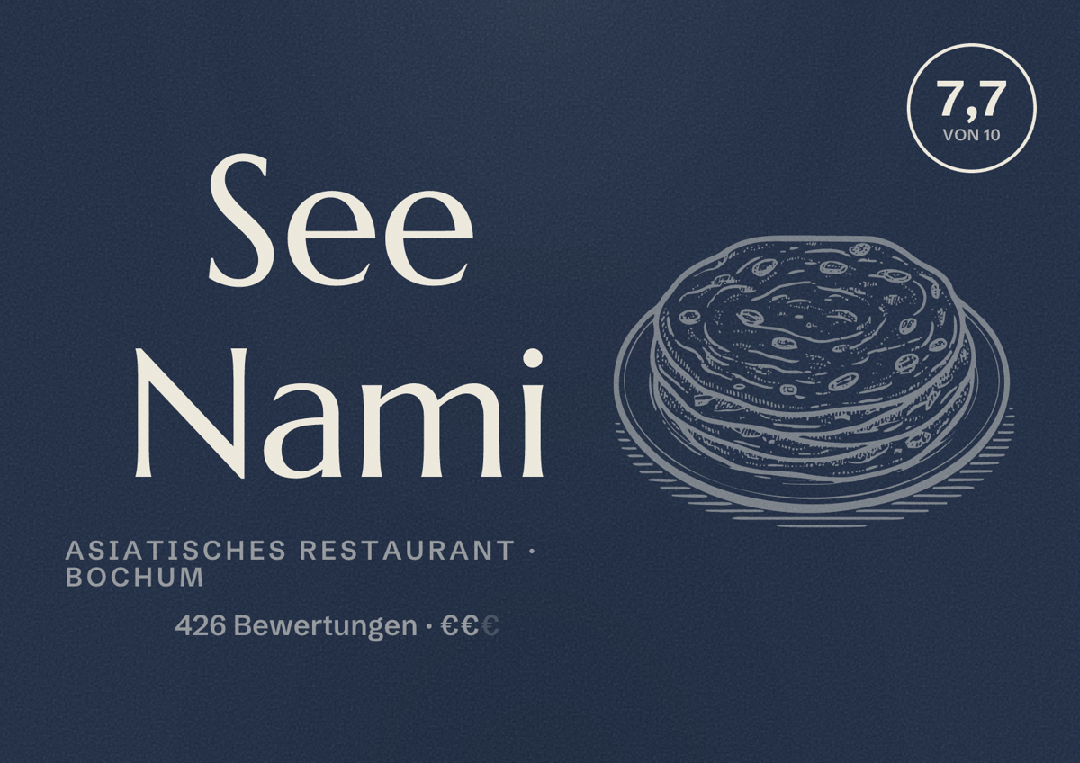 Illustriertes Poster von See Nami, Asiatisches Restaurant in Bochum: Gästebewertung 7,7 von 10 aus 426 Bewertungen