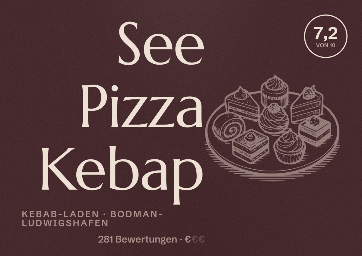 Illustriertes Poster von See Pizza Kebap, Kebab-Laden in Bodman-Ludwigshafen: Bewertung 7,2 von 10 aus 281 Bewertungen, Preisniveau €