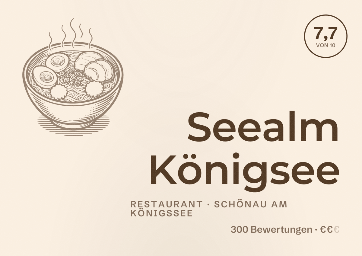 Illustriertes Poster von Seealm Königsee, Restaurant in Schönau am Königssee: Bewertung 7,7 von 10 aus 300 Bewertungen, Preisniveau €€