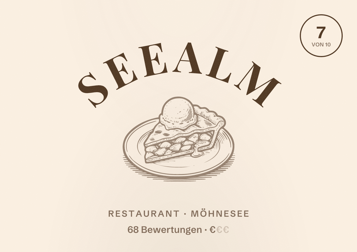 Illustriertes Poster von Seealm, Restaurant in Möhnesee: Bewertung 7 von 10 aus 68 Bewertungen, Preisniveau €