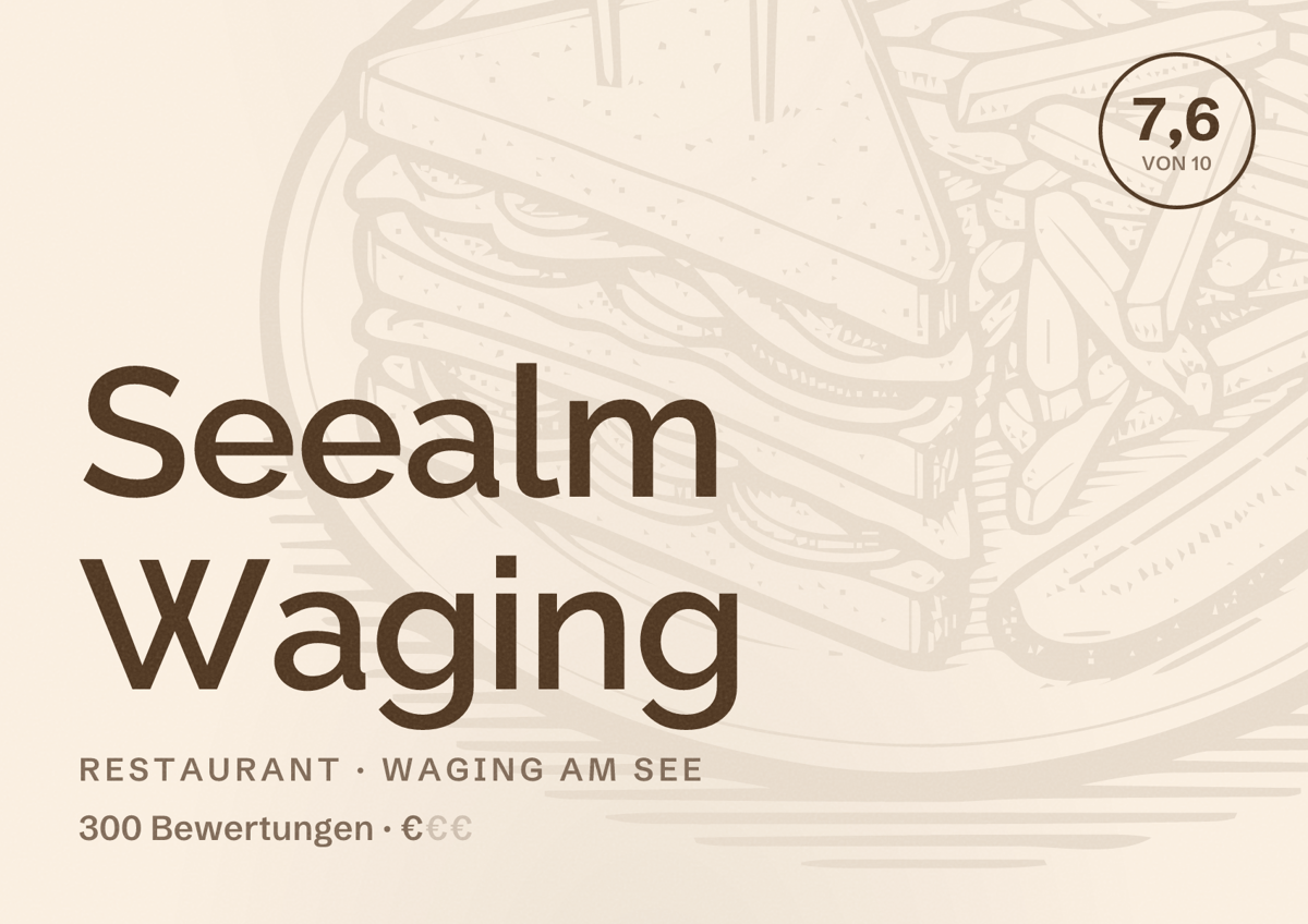 Illustriertes Poster von Seealm Waging, Restaurant in Waging am See: Bewertung 7,6 von 10 aus 300 Bewertungen, Preisniveau €