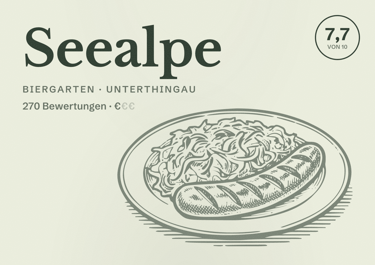 Illustriertes Poster von Seealpe, Biergarten in Unterthingau: Bewertung 7,7 von 10 aus 270 Bewertungen, Preisniveau €