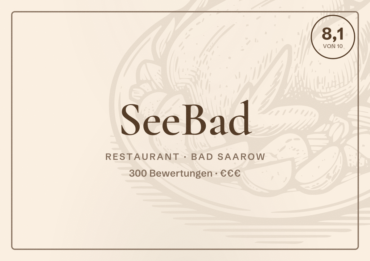 Illustriertes Poster von SeeBad, Restaurant in Bad Saarow: Bewertung 8,1 von 10 aus 300 Bewertungen, Preisniveau €€€