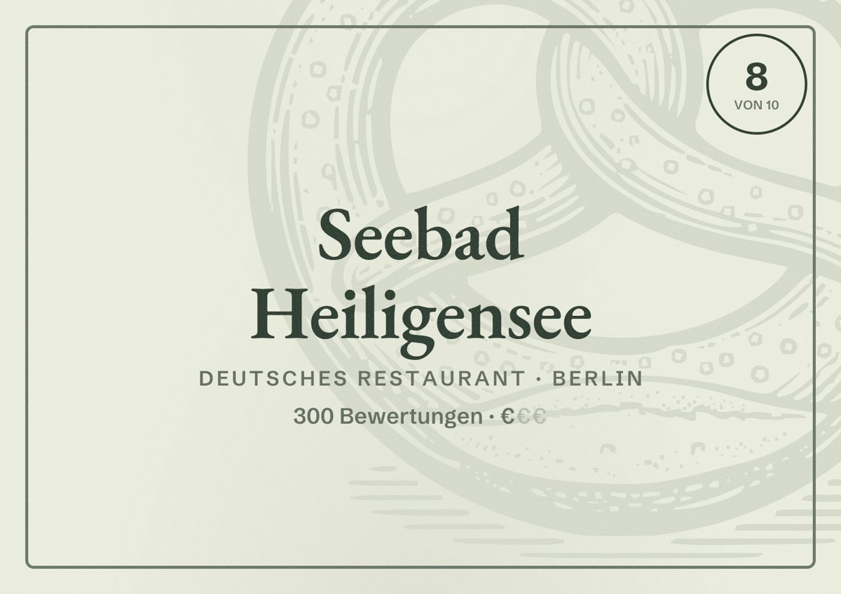 Illustriertes Poster von Seebad Heiligensee, Deutsches Restaurant in Berlin: Bewertung 8,0 von 10 aus 300 Bewertungen, Preisniveau €