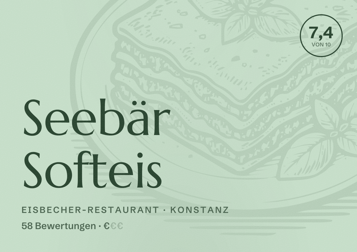 Illustriertes Poster von Seebär Softeis, Eisbecher-Restaurant in Konstanz: Bewertung 7,4 von 10 aus 58 Bewertungen, Preisniveau €