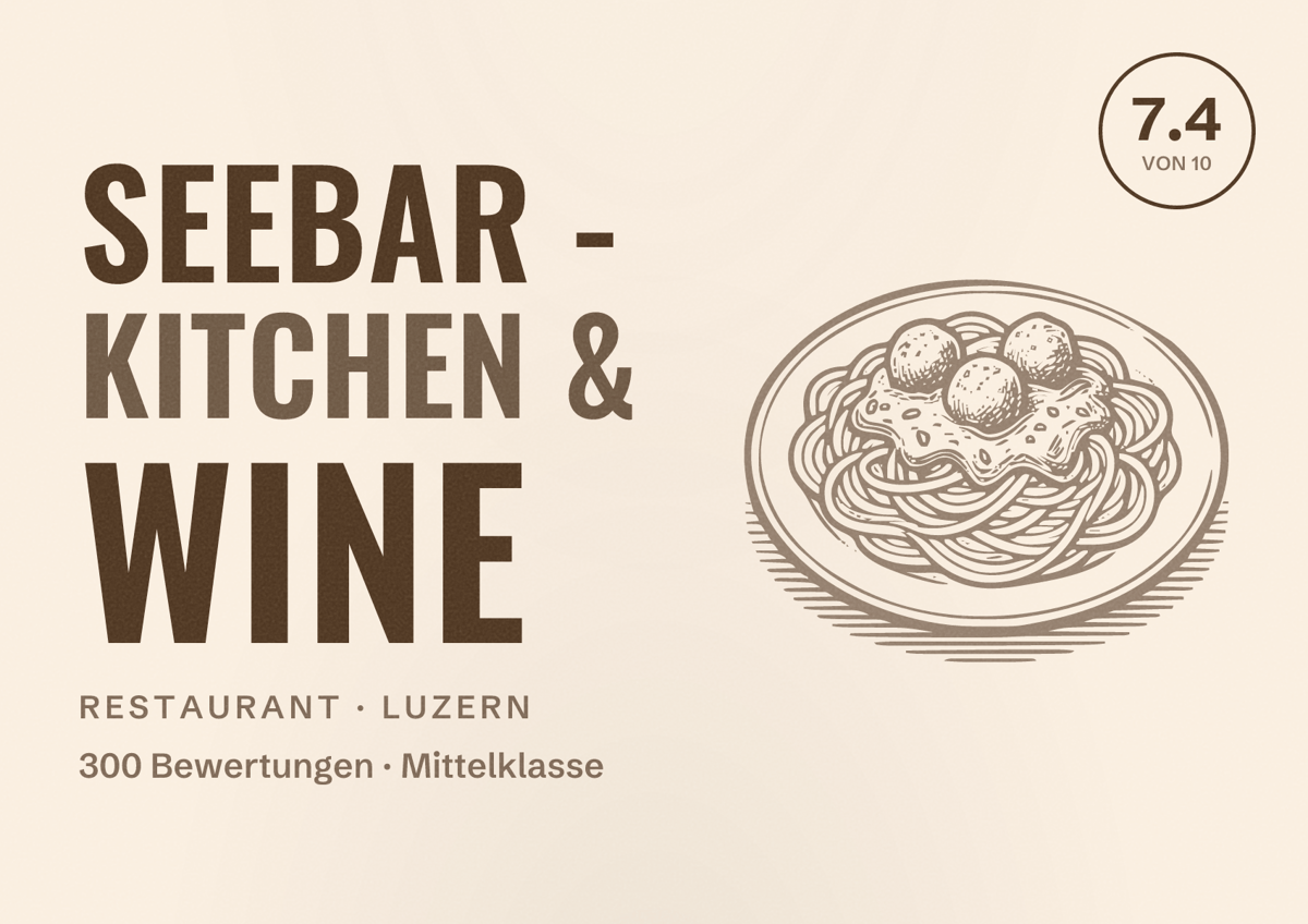 Illustriertes Poster von Seebar - Kitchen & Wine, Restaurant in Luzern: Bewertung 7.4 von 10 aus 300 Bewertungen, Preisniveau Mittelklasse