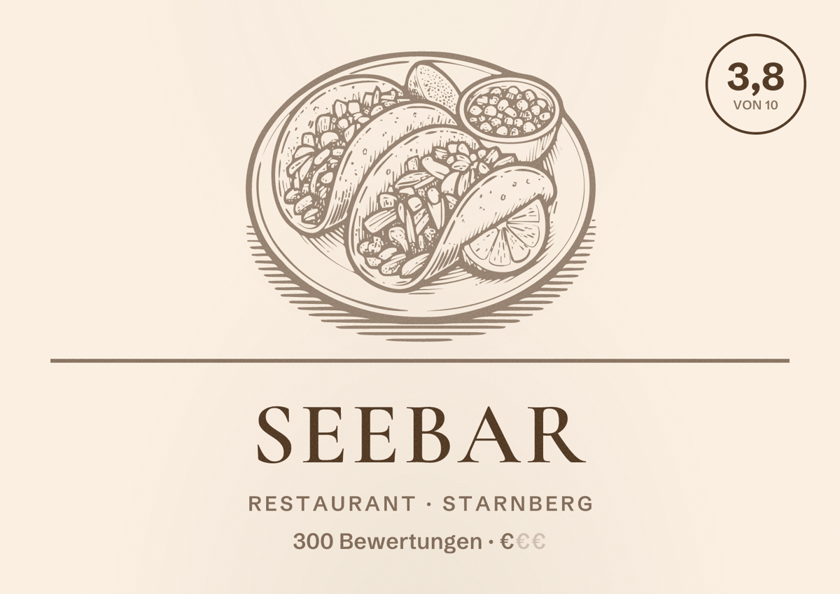 Illustriertes Poster von Seebar, Restaurant in Starnberg: Bewertung 3,8 von 10 aus 300 Bewertungen, Preisniveau €