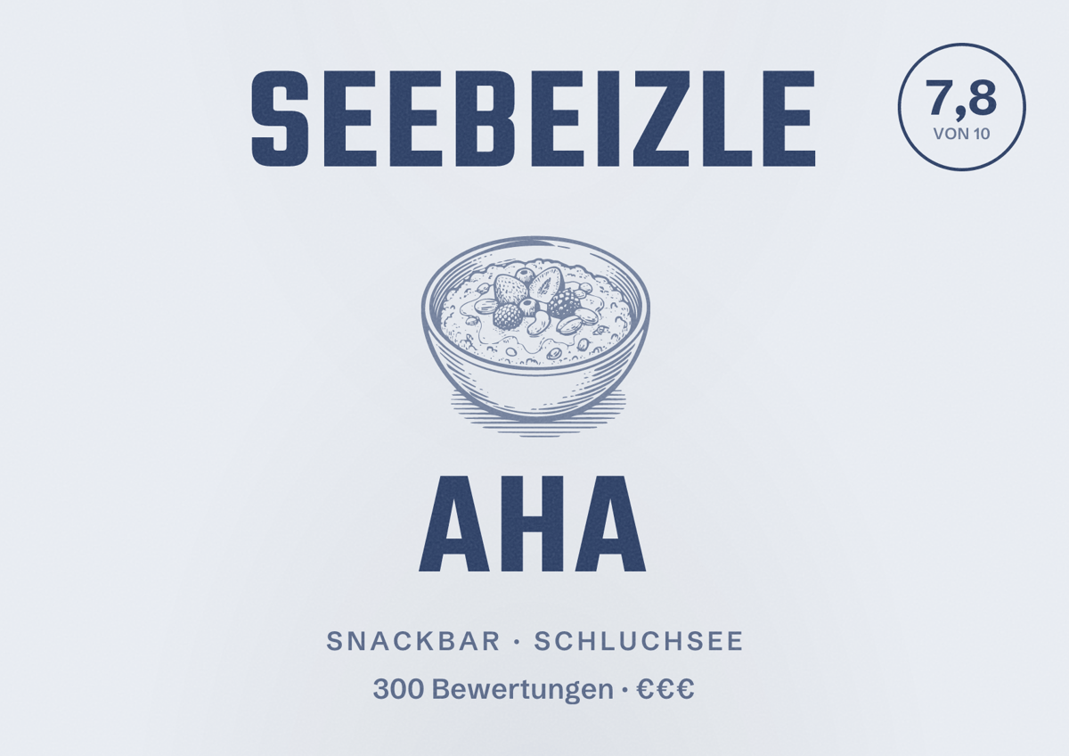 Illustriertes Poster von Seebeizle Aha, Snackbar in Schluchsee: Bewertung 7,8 von 10 aus 300 Bewertungen, Preisniveau €€€