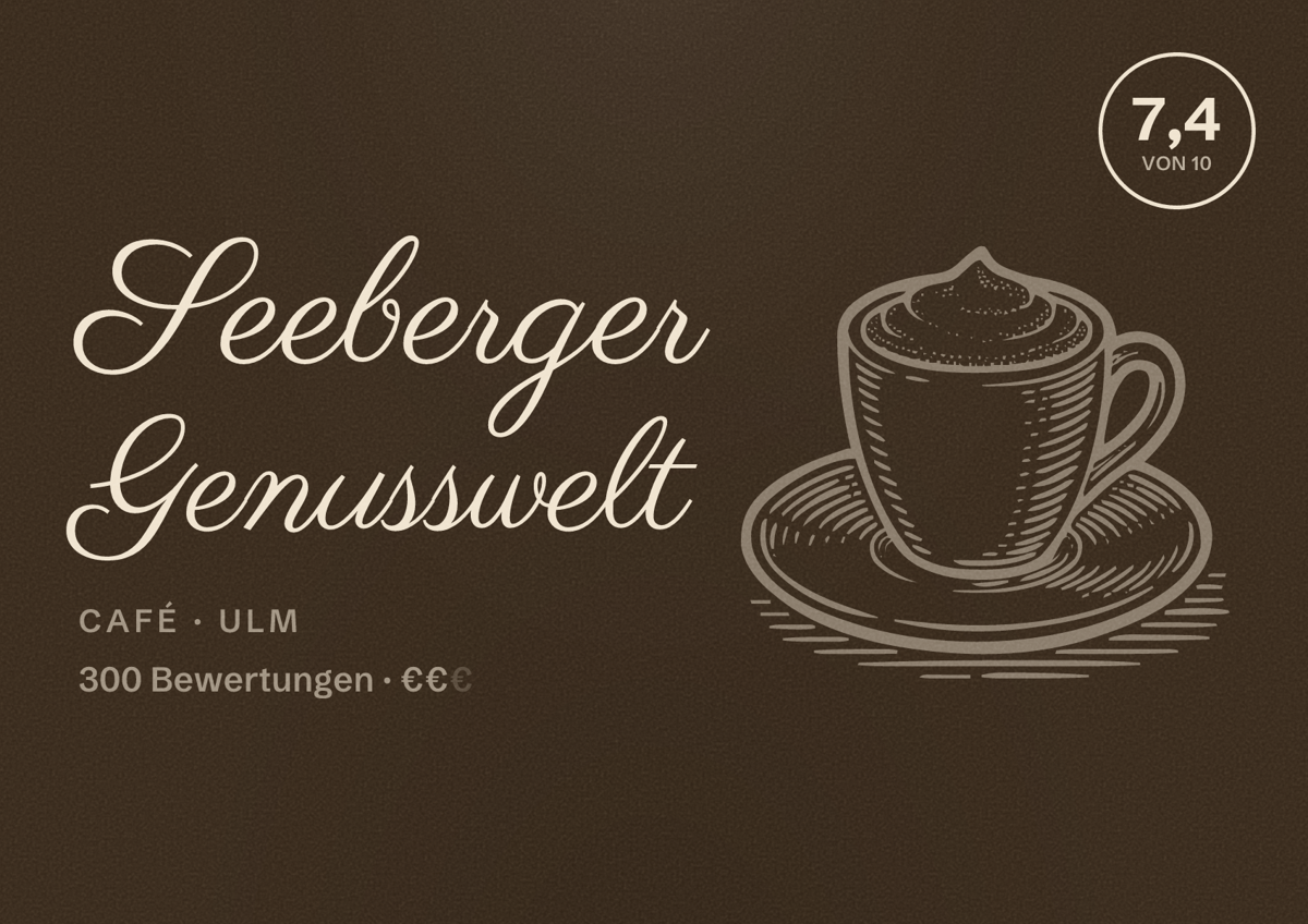 Illustriertes Poster von Seeberger Genusswelt, Café in Ulm: Bewertung 7,4 von 10 aus 300 Bewertungen, Preisniveau €€