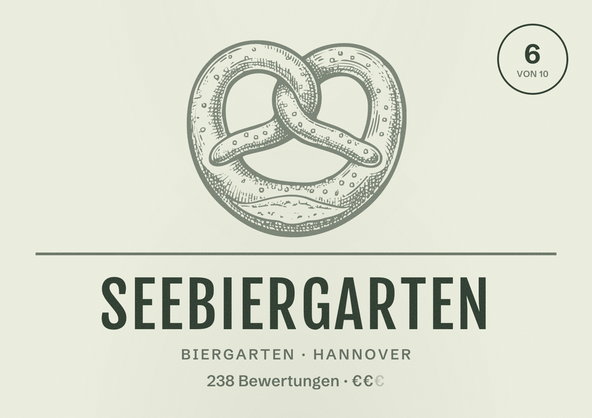 Illustriertes Poster von Seebiergarten, Biergarten in Hannover: Bewertung 6,0 von 10 aus 238 Bewertungen, Preisniveau €€