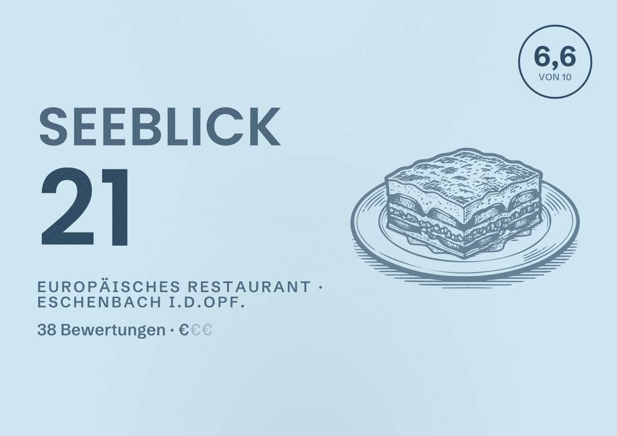 Illustriertes Poster von Seeblick 21, Europäisches Restaurant in Eschenbach i.d.OPf.: Bewertung 6,6 von 10 aus 38 Bewertungen, Preisniveau €