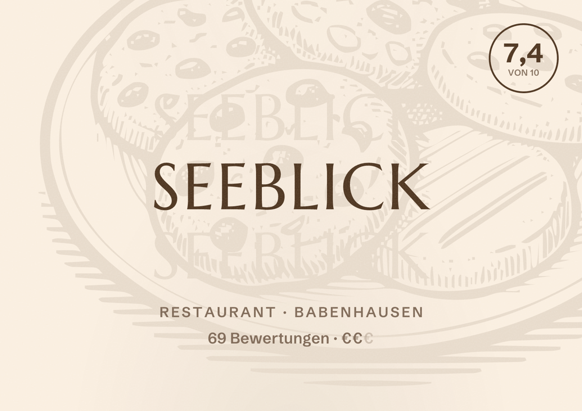 Illustriertes Poster von Seeblick, Restaurant in Babenhausen: Bewertung 7,4 von 10 aus 69 Bewertungen, Preisniveau €€