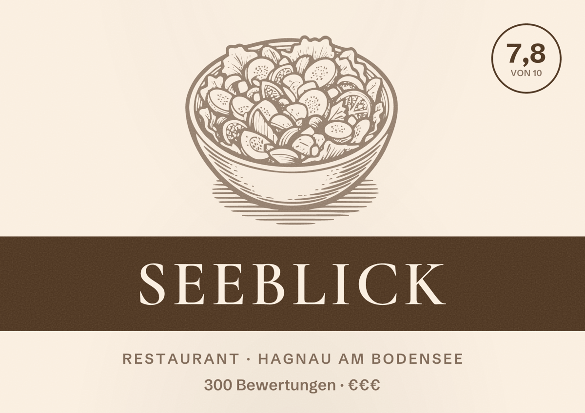 Illustriertes Poster von Seeblick, Restaurant in Hagnau am Bodensee: Bewertung 7,8 von 10 aus 300 Bewertungen, Preisniveau €€€