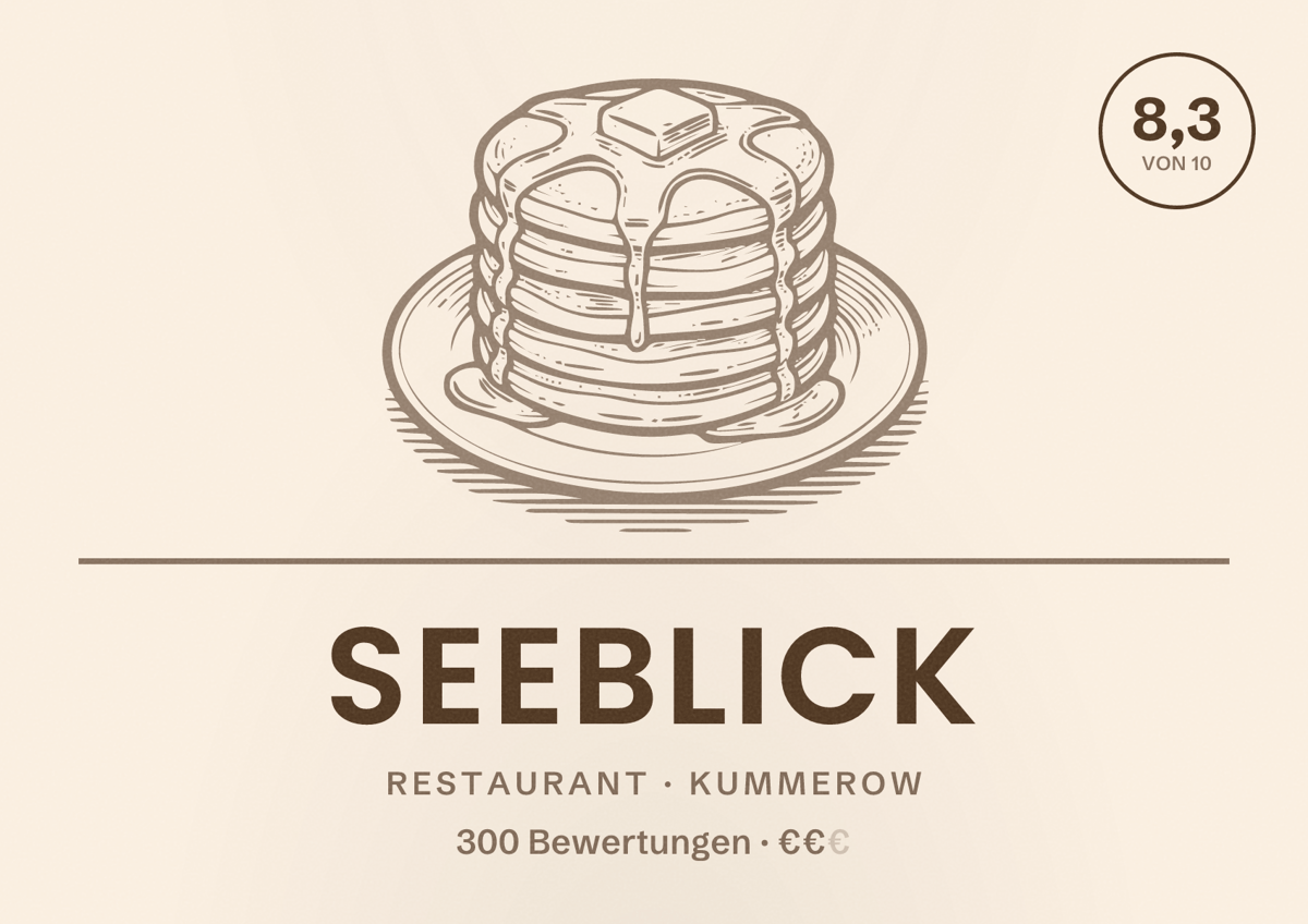 Illustriertes Poster von Seeblick, Restaurant in Kummerow: Bewertung 8,3 von 10 aus 300 Bewertungen, Preisniveau €€