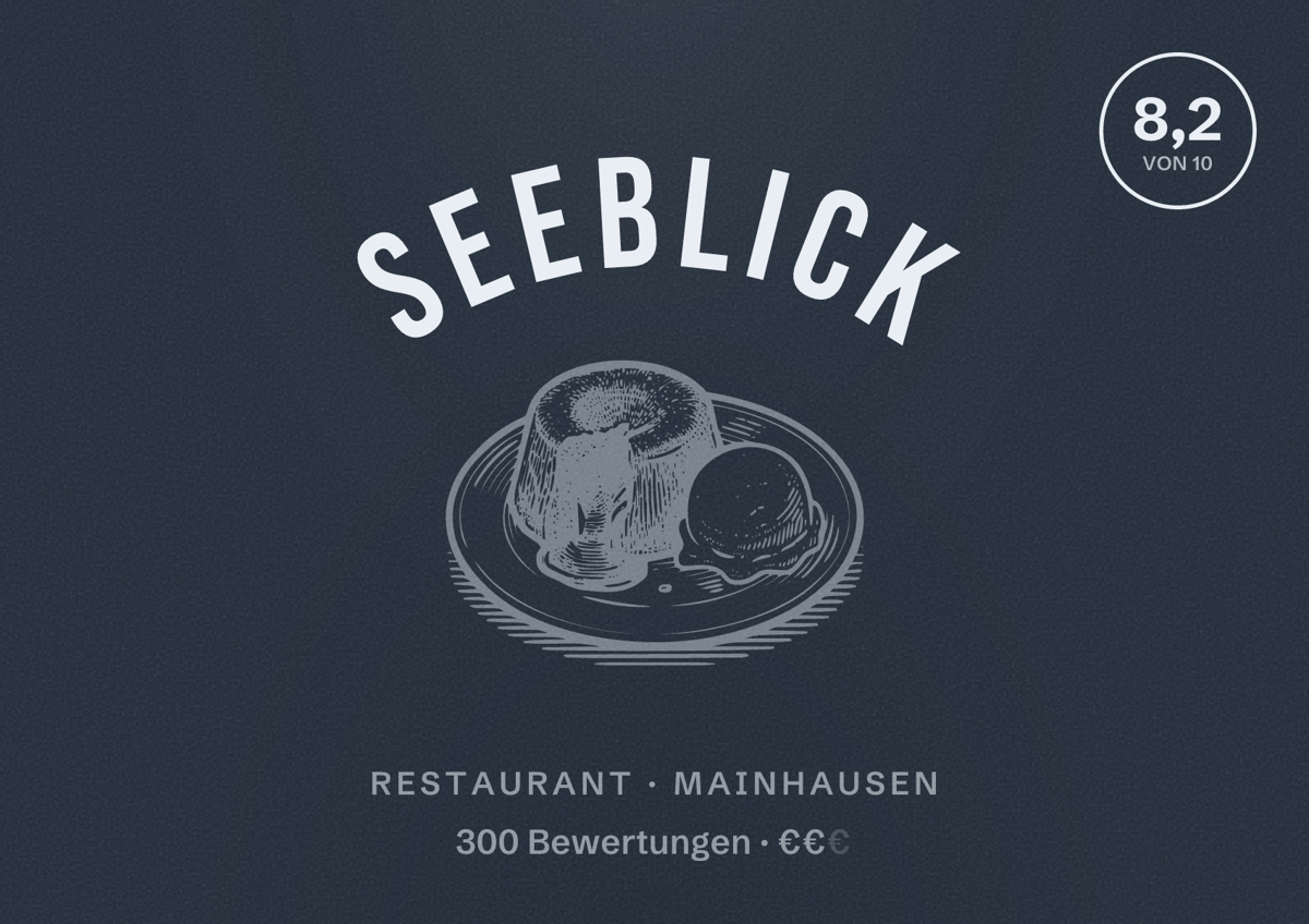 Illustriertes Poster von SeeBlick, Restaurant in Mainhausen: Bewertung 8,2 von 10 aus 300 Bewertungen, Preisniveau €€